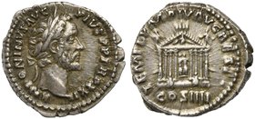 Antoninus Pius, Denarius, Rome, AD 157-158
AR (g 3,44; mm 17; h 6)
Temple of Divus Augustus: octastyle temple containing statues of Divus Augustus a...