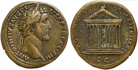 Antoninus Pius, Sestertius, Rome, AD 140-144
AE (g 26,91; mm 33; h 12)
Temple of Venus and Roma. RIC 623; C 703.
Scarce. Riverine patina and good v...