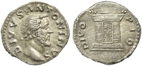 Divus Antoninus Pius, Denarius struck under Marcus Aurelius, Rome, after AD 161
AR (g 3,42; mm 18; h 6)
Monumental altar. RIC 441; C 357.
Cabinet t...