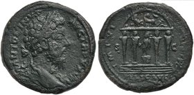 Marcus Aurelius, Sestertius, Rome, AD 172-173
AE (g 25,21; mm 32; h 12)
Temple of Mercury. RIC 1075 var (laureate head); C 535.
Green patina, very ...