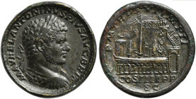 Caracalla, Sestertius Protocontorniatus, Rome, AD 213
AE (g 26,79; mm 31; h 1)
iew of the Circus Maximus with its arches, the obelisk, the spina, ch...