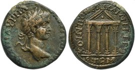 Caracalla, Bronze, Pontos: Neocaesarea, AD 205-206
AE (g 14,91; mm 29; h 12)
Tetrastyle temple. Price, Trell, 96; Çizmeli 125 (D 4/R 11).
Green pat...