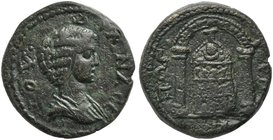 Julia Domna, Bronze, Pisidia: Pogla, AD 193-211
AE (g 12,17; mm 25; h 6)
Cult statue of Artemis of Perge within distyle temple with domed roof. SNG ...