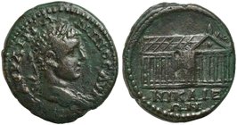 Elagabalus, Bronze, Bithynia: Nikaia, AD 218-222
AE (g 5,91; mm 23; h 7)
Exastyle temple. Rec.Gen. II 1, pl.79.19.
Extremely rare, glossy green pat...