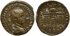 Elagabalus, Bronze, Phoenicia: Berytus, AD 218-222
AE (g 17,13; mm 28; h 12)
Gateway with two wings; on centre, the Silenus Marsyas. BMC 192.
Brown...
