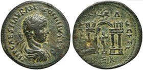 Elagabalus, Bronze, Phoenicia: Berytus, AD 218-222
AE (g 17,88; mm 30; h 11)
Gateway with two wings; on centre, the Silenus Marsyas. BMC 192.
Green...