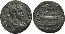 Severus Alexander, Bronze, Pontos: Amasia, AD 232
AE (g 25,86; mm 34; h 2)
Altar of Zeus Stratios surmounted by eagle; above, facing quadriga driven...