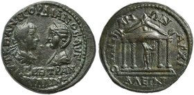 Gordian III and Tranquillina, Bronze, Thrace: Anchialus, AD 241-244
AE (g 11,78; mm 26; h 7)
Tetrastyle temple of Apollo. Varbanov 729.
Green patin...