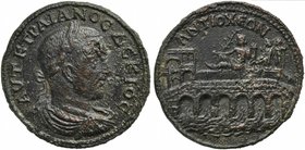 Trajan Decius, Bronze, Caria: Antiochia ad Maeandrum, AD 249-251
AE (g 21,65; mm 36; h 6)
Bridge of six arches with gateway on left, river flowing b...