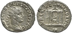 Trebonianus Gallus, Antoninianus, Rome, AD 251-253
AR (g 3,95; mm 20; h 12)
Hexastyle templewith Roma seated facing on throne. RIC 91 var (reverse l...