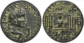 Valerian, Bronze, Pisidia: Sagalassus, AD 253-260
AE (g 18,57; mm 32; h 1)
Octastyle temple with idol and altar inside. SNG BN 1831.
Rare, green pa...