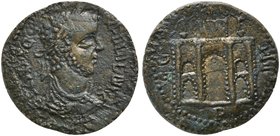 Gallienus, Bronze, Mysia: Parium, AD 253-268
AE (g 7,58; mm 25; h 12)
Thriumphal arch with elephant's quadriga. SNG BN, 1534; Price-Trell, S 117, fi...