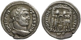 Constantius I, as Caesar, Argenteus struck under Maximian Herculius, Heraclea, AD 295
AR (g 3,02; mm 18; h 1)
Four-turreted military camp gate. RIC ...