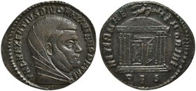 Divus Maximian Herculius, Follis struck under Maxentius, Rome, AD 310-311
AE (g 45,72; mm 24; h 12)
Tetrastyle domed shrine with doors ajar. RIC 251...