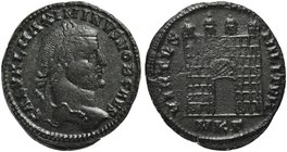 Maximinus II, Follis, Cyzicus, AD 308
AE (g 6,29; mm 25; h 12)
Four-turreted military camp gate. RIC 40; C 209.
Very rare, dark patina, about extre...