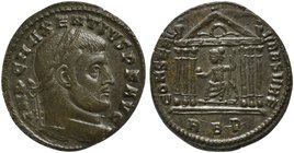 Maxentius, Follis, Rome, AD 308-310
AE (g 7,02; mm 25; h 6)
Hexastyle temple of Roma. RIC 210; C 42.
Extremely fine.