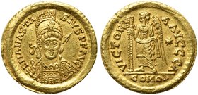 Ostrogoths, Theoderic (493-526), Solidus struck in the name of Anastasius, Rome, before AD 518
AV (g 4,44; mm 20; h 6)
D N ANASTA - SIVS P F AVG, he...