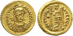 Ostrogoths, Athalaric (526-534), Solidus in the name of Justinian I, Rome, AD 526-527
AV (g 4,47; mm 30; h 6)
D N IVSTINI ANVS P F AVG, helmeted, di...