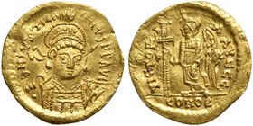 Ostrogoths, Athalaric (526-534), Solidus in the name of Justinian I, Rome, AD 526-527
AV (g 4,35; mm 20; h 6)
D N IVSTINI ANVS P F AVG, helmeted, di...