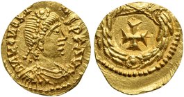 Visigoths, Tremissis in the name of Honorius, Uncertain mint of Gaul, 5th century AD
AV (g 1,48; mm 13; h 11)
DN HONORI - VS PF AV, draped and diade...