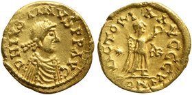 Burgundians, Gundomar II (524-534), Tremissis in the name of Justin I, Burgundy, AD 524-532
AV (g 1,45; mm 13; h 6)
D N IVSTINVS P P AVG, draped, an...