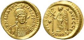 Byzantine Empire, Anastasius I (491-518), Solidus, Constantinople, AD 498-518
AV (g 4,48; mm 20; h 6)
D N ANASTA - SIVS P F AVG, helmeted, diademed,...