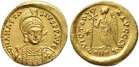 Byzantine Empire, Anastasius I (491-518), Solidus, Constantinople, AD 498-518
AV (g 4,49; mm 20; h 8)
D N ANASTA - SIVS P F AVG, helmeted, diademed,...