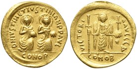 Byzantine Empire, Justin I and Justinian I (527), Solidus, Constantinople, April - August AD 527
AV (g 4,17; mm 20; h 6)
D N IVSTINV ET IVSTINIANVS ...