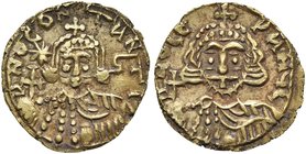 Byzantine Empire, Leo III with Constantine V (717-741), Tremissis, Rome, AD 722-723 or 726-727
EL (g 1,35; mm 16; h 6)
D NO LЄ P A MЧL, crowned bust...