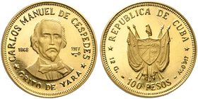 Cuba, Republic, 100 Pesos, 1977
AV (g 12,15; mm 26; h 6)
Carlos Manuel De cespedes. Fr. 8; KM 43.
Proof fdc.