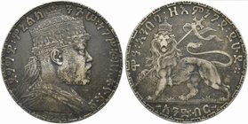 Ethiopia, Menelik II (1889-1913), 1 Birr, 1892
AR (g 28,02; mm 40; h 6)
Paris mint. KM 19.
Toned and good very fine.

From the Amedeo Guillet Col...