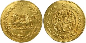 Iran, Qajar Dinasty, Nasir al-Din Shah (1848-1896), 10 Toman, 1873
AV (g 26,70; mm 36; h 12)
Lion lying to l.; above, a radiant sun; all within in a...
