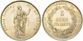 Italy, Milano, Provisional Government, 5 Lire, 1848
AR (g 24,96; mm 37; h 6)
Pagani 213; Davenport 206.
Good extremely fine.