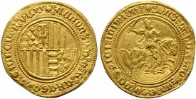 Italy, Napoli, Alfonso I of Aragon, Sesquiducato or Ducato e mezzo, 1442-1458
AV (g 5,24; mm 29; h 2)
ALFONSV D G R ARAGO SICILI CITR VLTRA, quarter...
