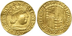 Italy, Napoli, Ferdinando I of Aragon, Ducato, 1472-1488
AV (g 3,49; mm 21; h 10)
FERDINANDVS D G R SI IE V, crowned escutcheon with the arms of Hun...