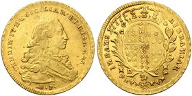 Italy, Napoli, Ferdinando IV di Borbone (1759-1816), 6 Ducati, 1777
AV (g 8,81; mm 27; h 6)
Pannuti-Riccio 25; MIR 357/8.
About extremely fine - ex...