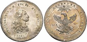Italy, Palermo, Ferdinando III di Borbone (1759-1816), Oncia da 30 Tarì, 1785
AR (g 68,26; mm 56; h 12)
Spahr 1; MIR 596; Davenport 1416.
Rare. Min...