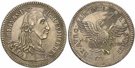 Italy, Palermo, Ferdinando III di Borbone (1759-1816), Oncia da 30 Tarì, 1793
AR (g 68,00; mm 48; h 12)
Spahr 3; Davenport 1422.
Rare. Cabinet tone...