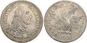 Italy, Palermo, Ferdinando III di Borbone (1759-1816), Oncia da 30 Tarì, 1793
AR (g 67,98; mm 47; h 12)
Spahr 3; Davenport 1422.
Rare. Cabinet tone...