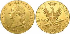 Italy, Savoia, Vittorio Amedeo III (1773-1796), 1/2 Carlino da 2,5 Doppie, Torino, 1786
AV (g 22,77; mm 34; h 6)
CNI 79; Simonetti 2; MIR 980. Fr. 1...