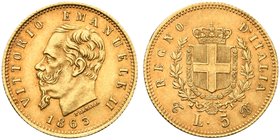 Italy, Savoia, Vittorio Emanuele II (1861-1878), 5 Lire, Torino, 1863
AV (g 1,60; mm 17; h 6)
Pagani 479; Montenegro 159; Gigante 29.
Extremely fin...