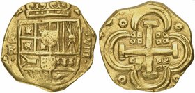 Spain, Seville, Philip IV (1621-1665), 8 Escudos, 1640 (?)
AV (g 26,89; mm 33; h 12)
CT-TYPE 15; KM 112.
Very rare, extremely fine.