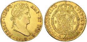 Spain, Ferdinand VII (1808-1833), 2 Escudos, 1828, Madrid
AV (g 6,66; mm 22; h 12)
KM 483.1; Fr. 315.
Extremely fine.