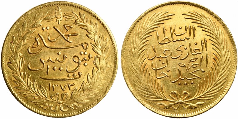 Tunisia, Abdul Mejid with Muhammad al-Sadiq Bey (1856-1859), 100 Piastres, 1856...