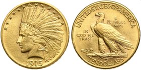 United States of America, 10 Dollars, Philadelphia, 1915
AV (g 16,74; mm 27; h 6)
Fr. 166; KM 130.
Extremely fine.