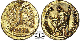 C. Vibius C. f. C. n. Pansa. Pansa Caetronianus AR Denarius. Rome, 48 BC. Mask of bearded Pan right, PANSA below . upiter Axurus (or Anxurus) seated l...