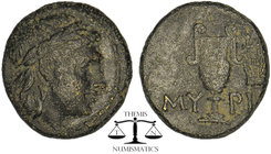 AEOLIS. Myrina. Ae (2nd-1st centuries BC). Obv: Laureate head of Apollo right. Rev: MY - PI. Amphora, lyre in right field. BMC 27-31.. Fine. 3,54 g. 1...