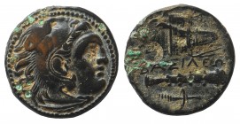 Kings of Macedon. Alexander III 'the Great' (336-323). Ae. Obv: Head of Herakles right, wearing lion's skin. Rev: BAΣIΛEΩΣ. Club and bow in bowcase. T...