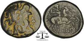 PISIDIA. Isinda. Ae (2nd-1st centuries BC). Obv: Laureate head of Zeus right.
Rev: ΙΣΙΝ. Warrior on prancing horse right, weilding spear and fighting ...