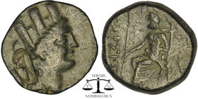 CILICIA. Tarsos. Ae (164-27 BC). Obv: Turreted head of Tyche right; monogram to left . Rev: ΤΑΡΣΕΩΝ. Zeus seated left on throne, holding sceptre; two ...